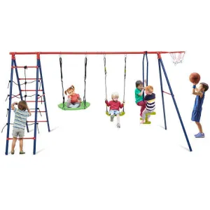 550 LBS 6-in-1 Patio Kids Swing Set with Climbing Net and Ladder-Red - Color: Re