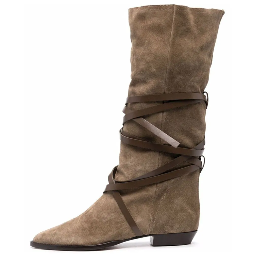 Autumn Winter Women Suede Lace-Up Boots Cross-Tied Flat Mid-Calf