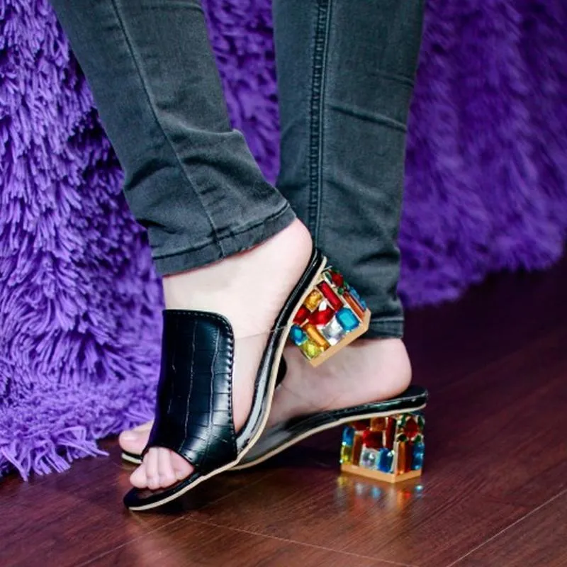 Colorful Rhinestone Crystals Heels Peep Toe Summer Women's Shoes