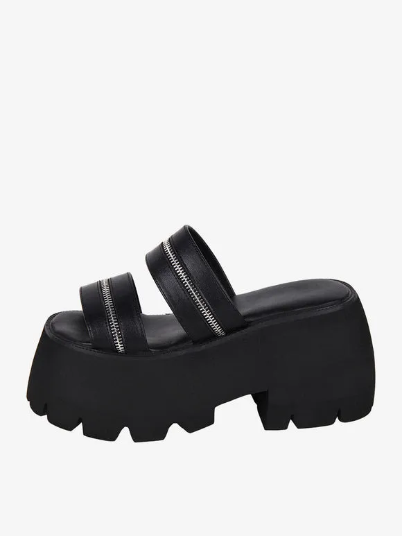Gothic Lolita Sandals Black Metal Details Metallic PU Leather Peep Toe Lolita Summer Shoes