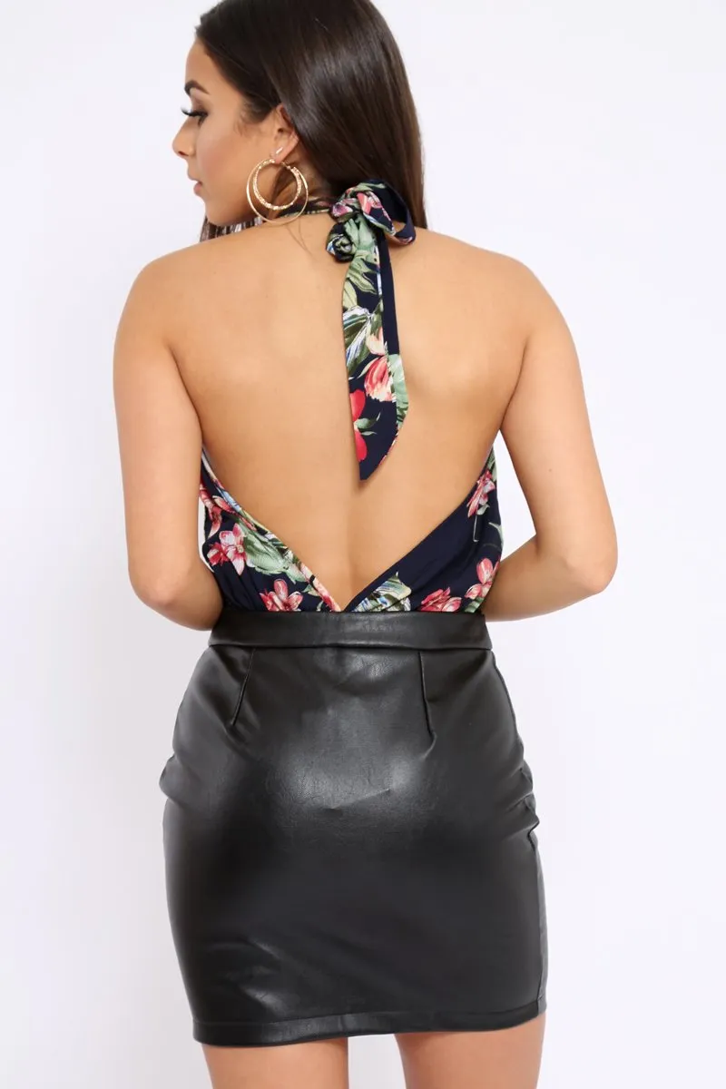 Navy Floral Halterneck Bodysuit - Clary