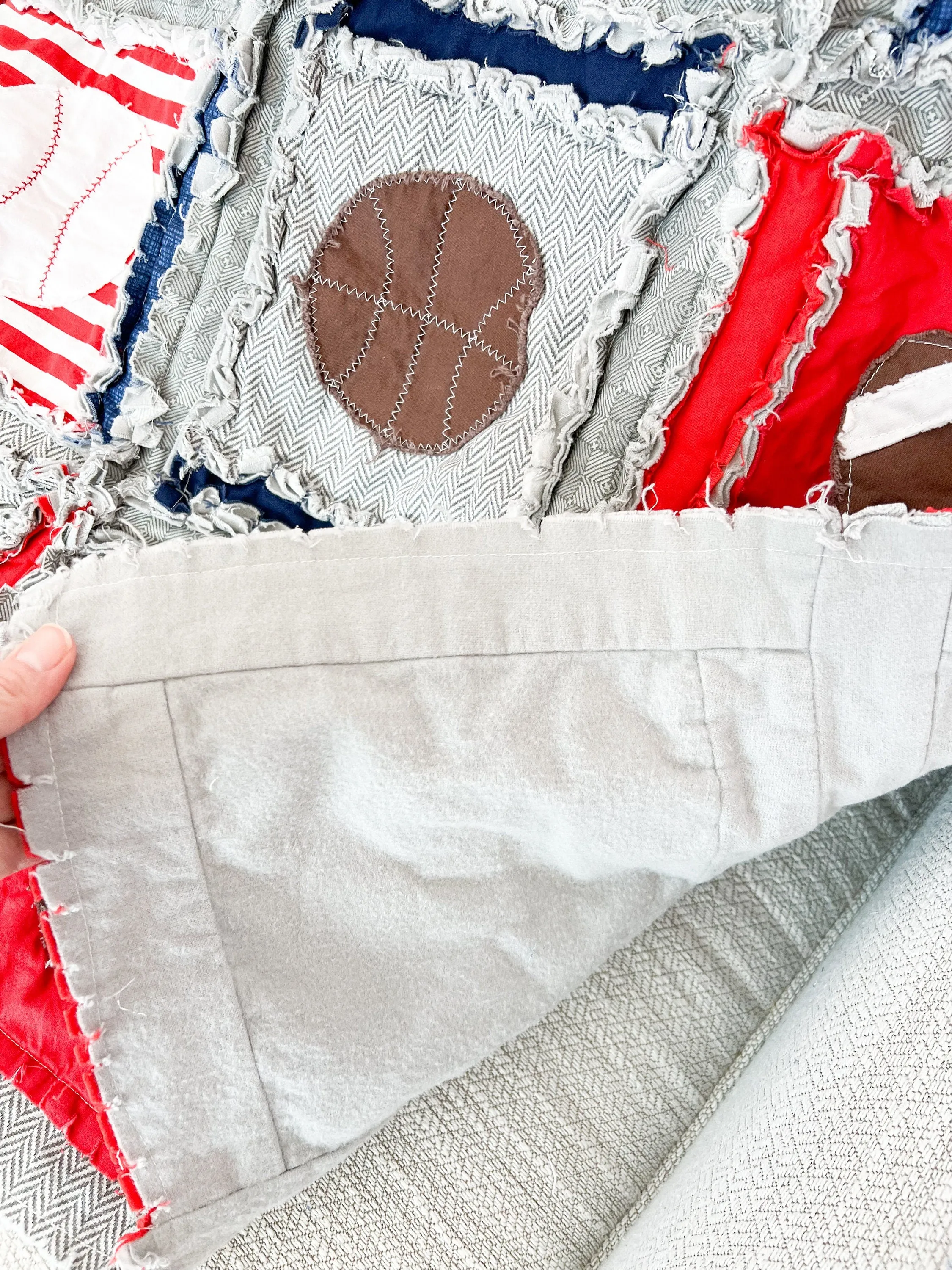 Red Sport Baby Boy Rag Quilt Baby Blanket, Sports Theme Rag Quilt, Football, Baseball, Football Toddler Bedding for Boys