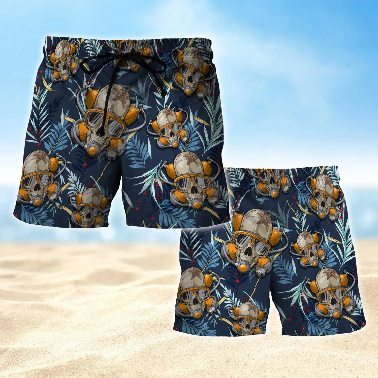 Scuba Diving Skull Aloha Mens Boardshorts, Skull Lover Men's Swim Trunks, Skull Lover Hawaiian Shorts for Men
