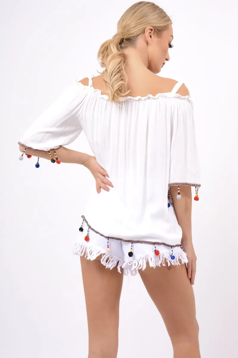 White Bardot Pom Pom Top - Seren