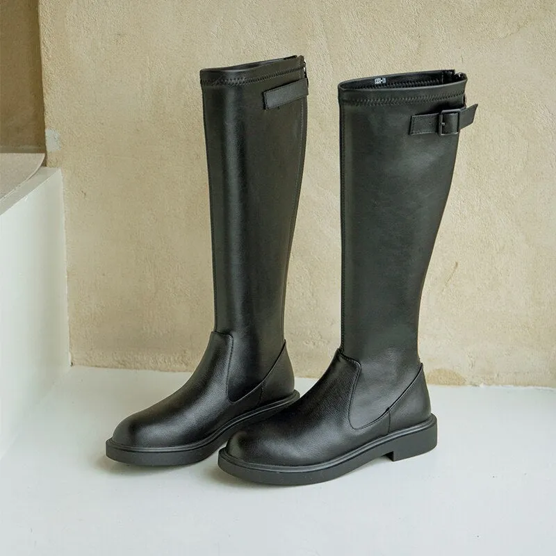 Women cowhide upper Knight boots elastic skinny boots