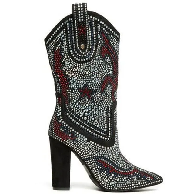 Women Crystal Rhinestone Studded Mid Calf Boots Chunky Heels Pointy Shoes